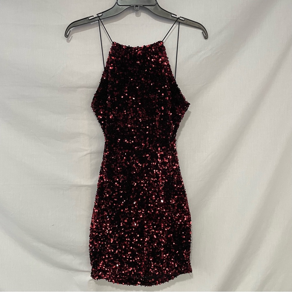 B Darlin Burgundy and Black Sequin Bodycon Mini Dress Size 3/4